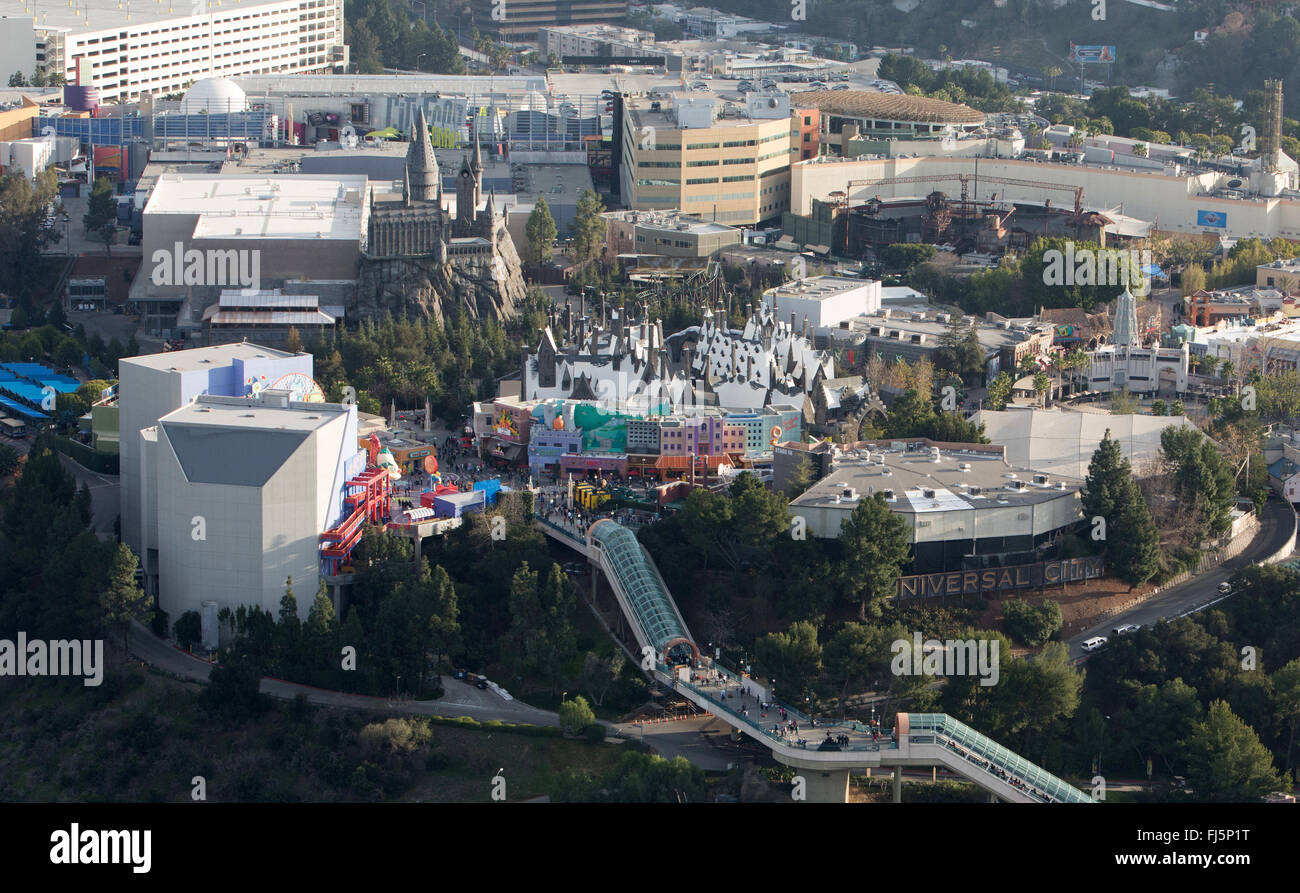 Vista aerea del mondo di Wizarding di Harry Potter a Universal Studios di Hollywood. Foto Stock