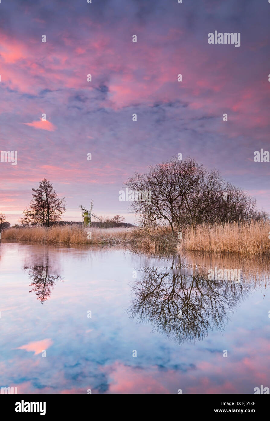 Nuvole rosa riflessa nelle acque tranquille del fiume Ant su Norfolk Broads. Foto Stock