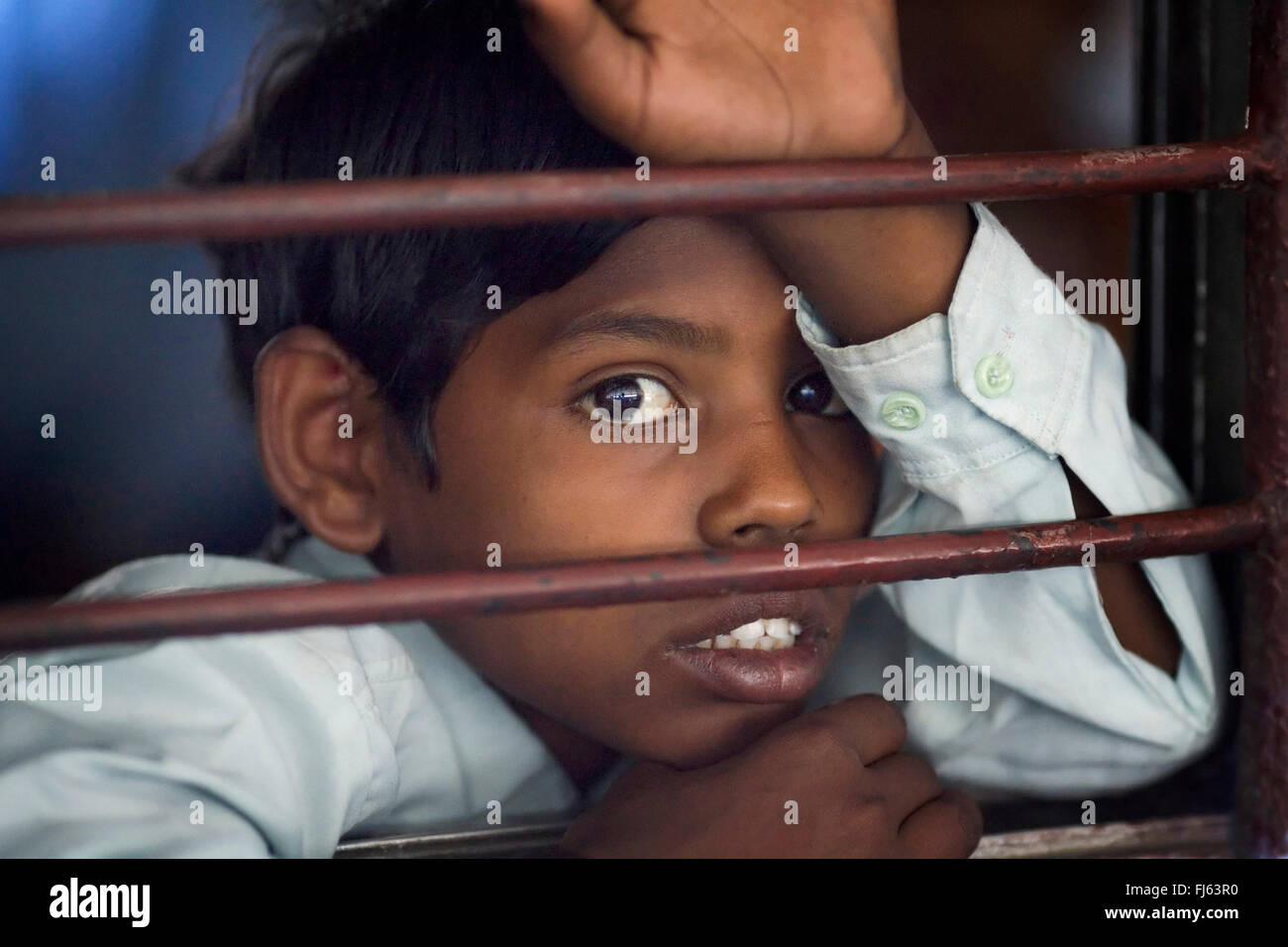 Ragazzo in un vagone del treno, India Foto Stock
