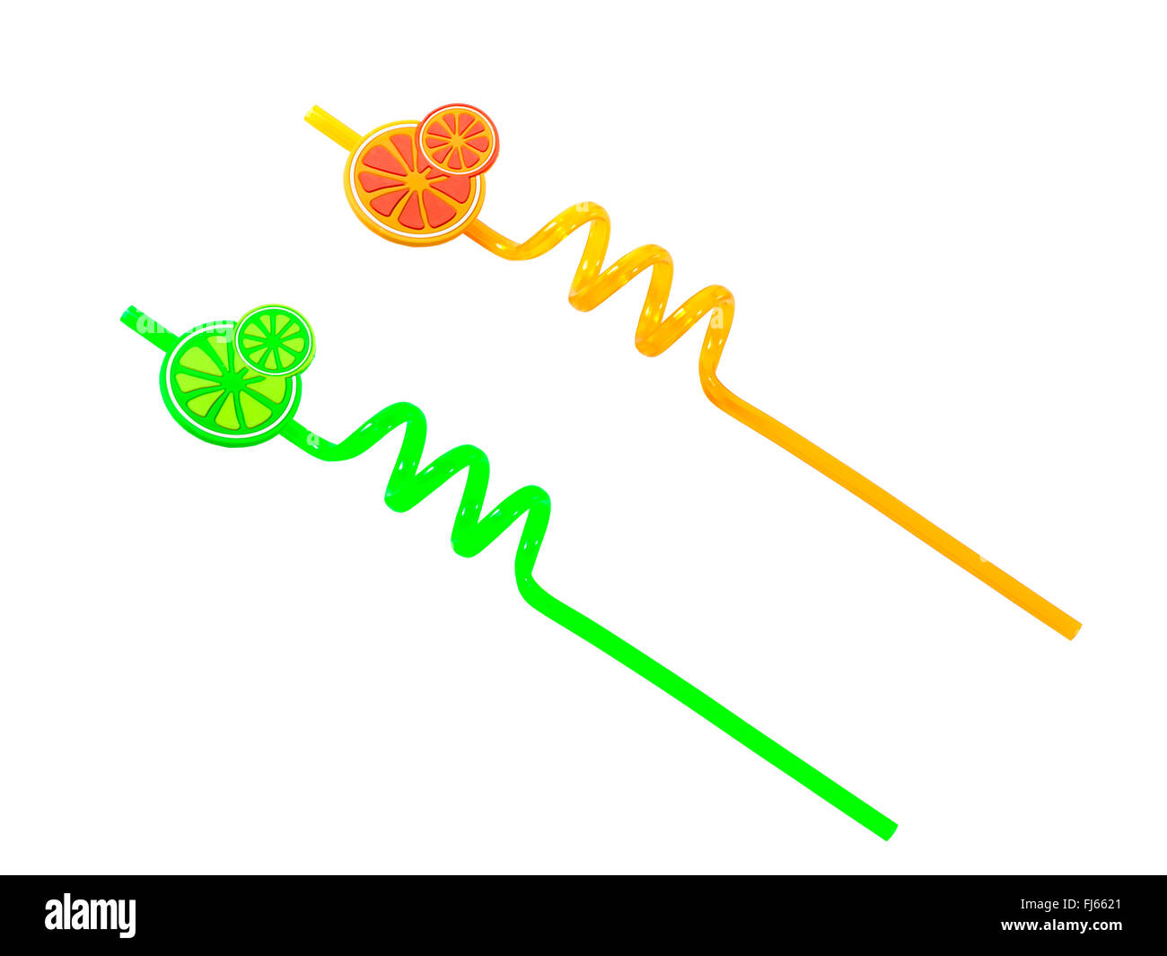 Spirale di paglia di colore arancione . Immagine intestazione adornata con arancia e paglia verde a spirale . Limone - testa sagomata ornamento su sfondo bianco Foto Stock