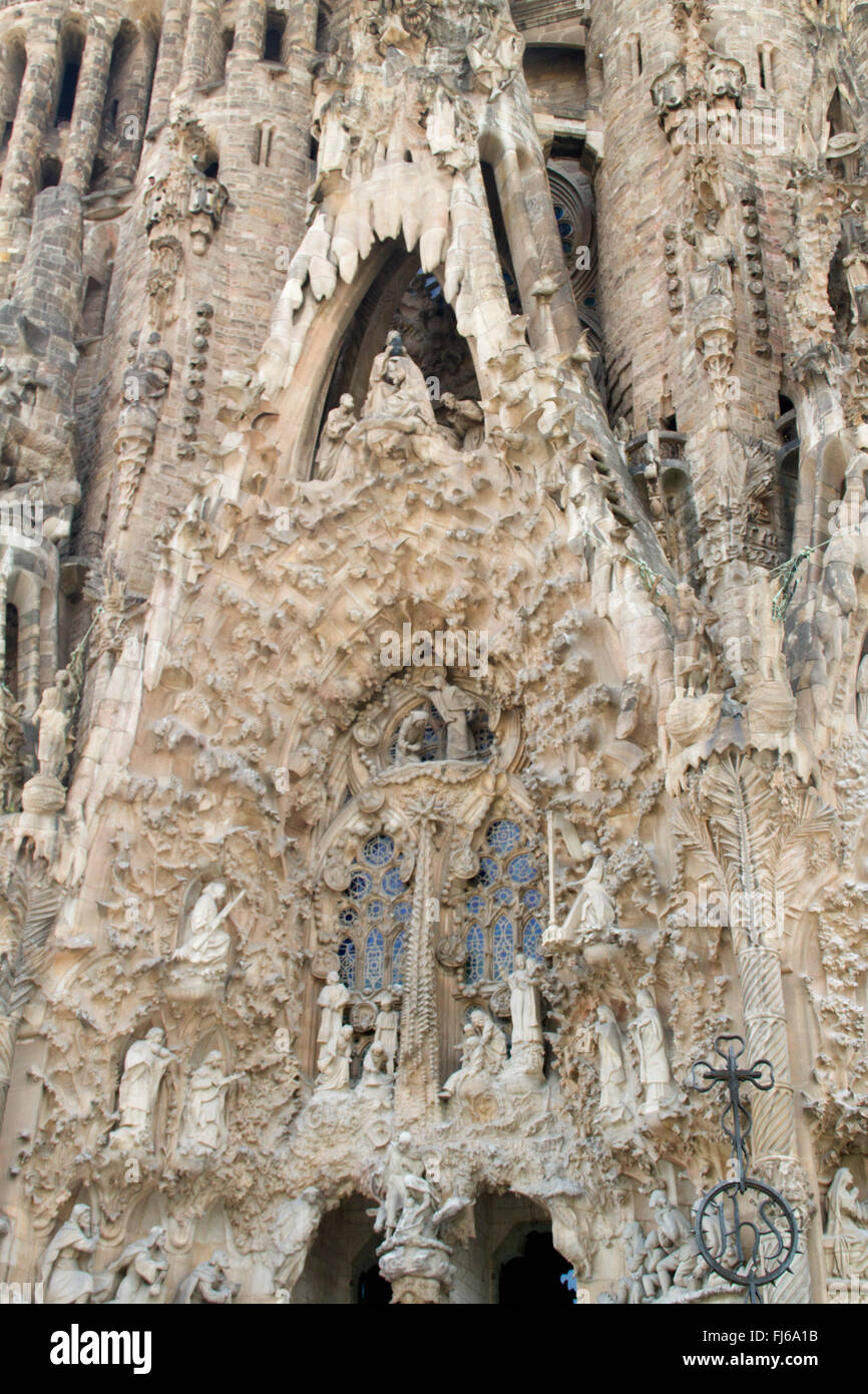 Dettaglio della facciata della Natività della Sagrada Familia a Barcellona,Spagna Foto Stock