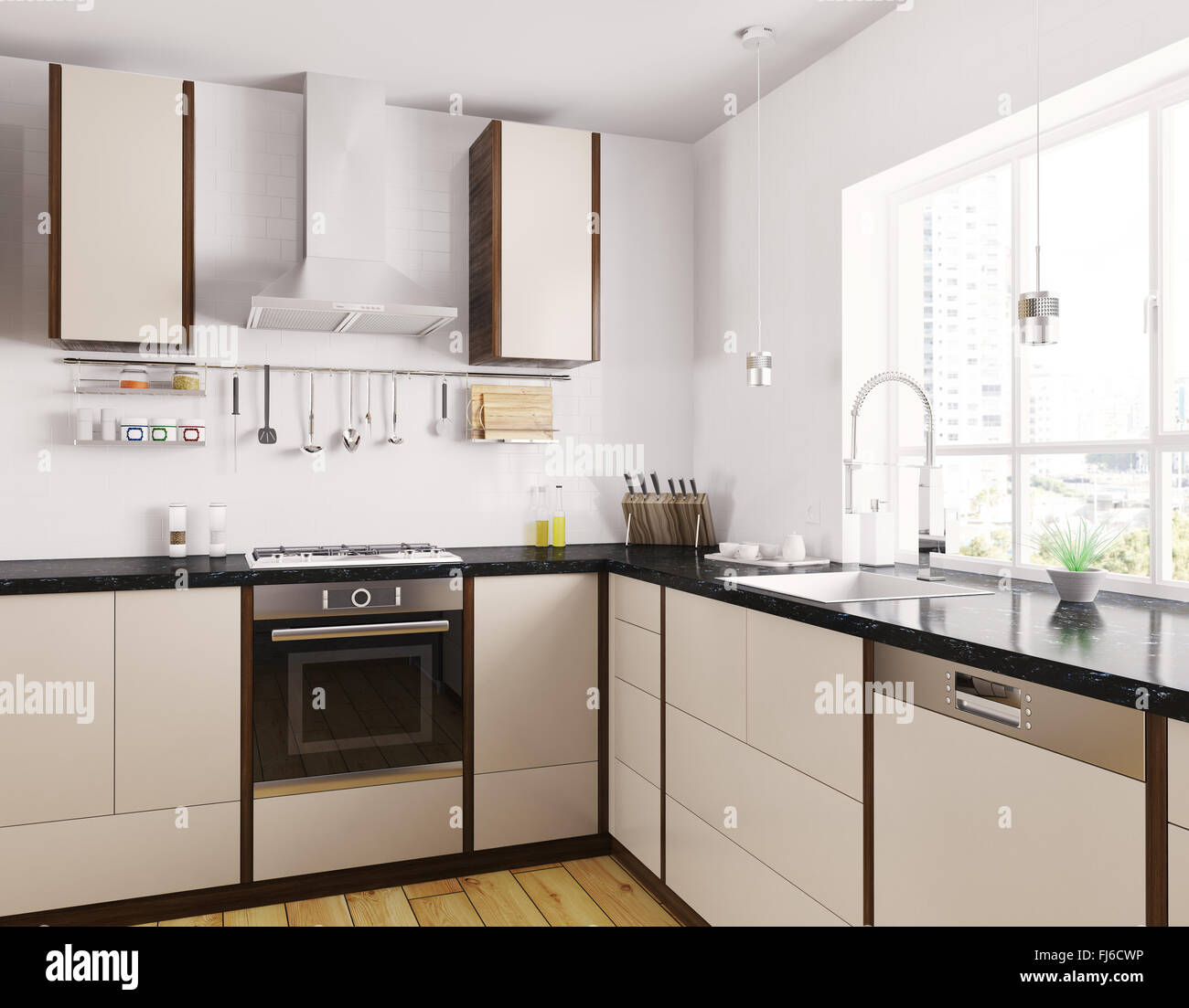 Moderna cucina beige con granito nero contatore Interni rendering 3D Foto Stock