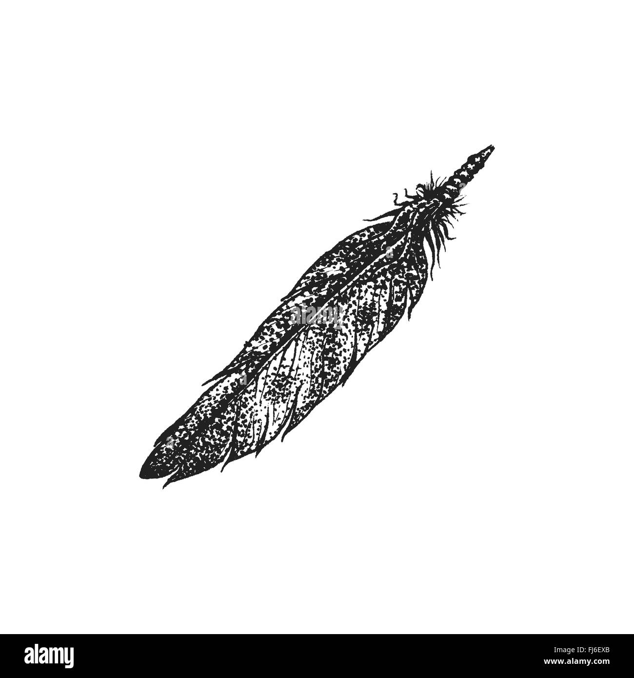 Vettore di colore nero monocromatico arte punteggiata retrò tattoo stile rotocalco native american feather isolato elemento decorativo realisti Illustrazione Vettoriale