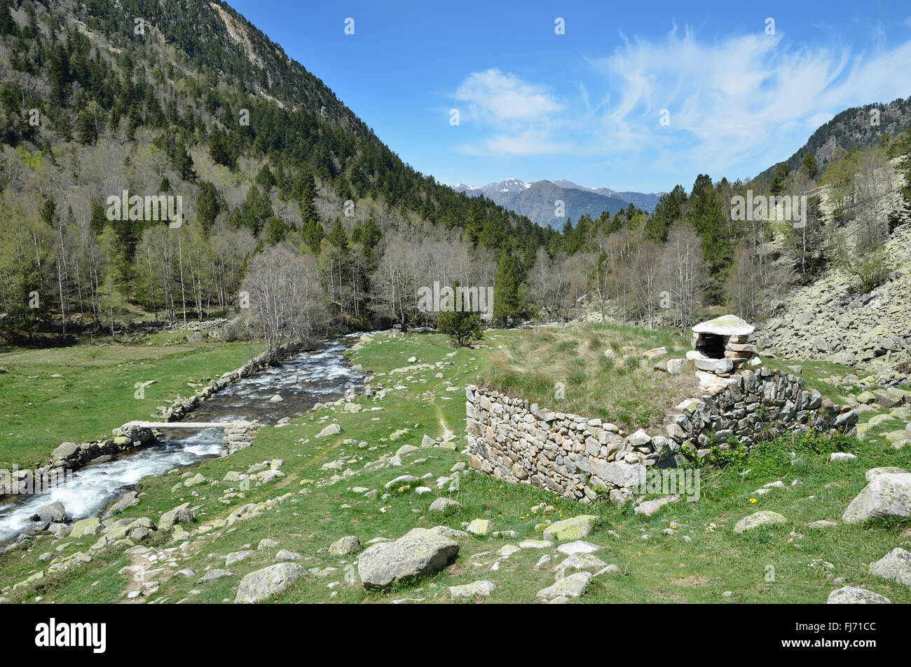 Highland valley con un torrente di origine glaciale Foto Stock