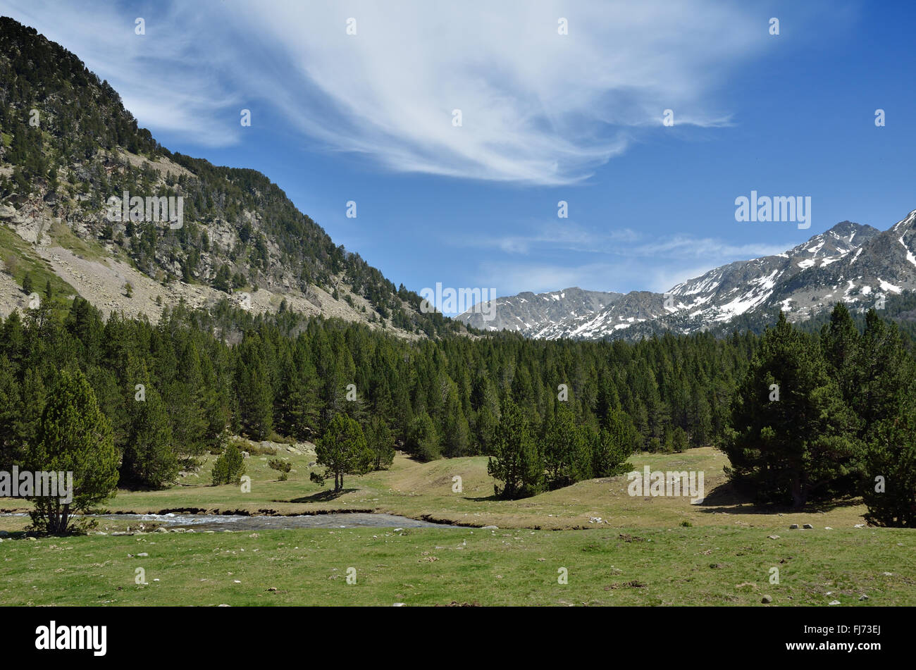 Valle alpina Vall-de-Madriu-Perafita-Claror, Pirenei Foto Stock