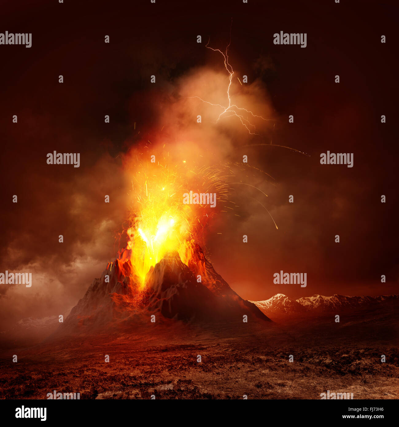 Eruzione del vulcano. Una grande eruzione vulcanica hot lava e gas nell'atmosfera. Illustrazione. Foto Stock