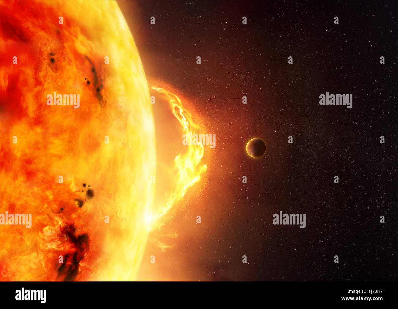 Il sole - Solar Flare. Una illustrazione della sun e flare con un pianeta per dare scala per le dimensioni del bruciatore a fiamma viva. Foto Stock