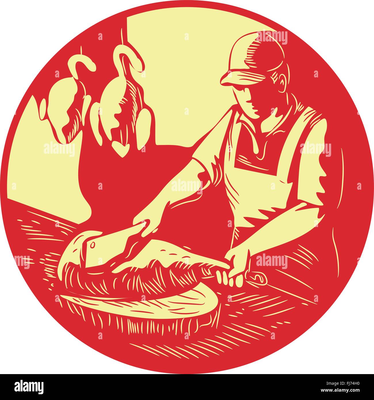 Illustrazione di un cinese Asian chef di cucina tritare la carne con carne cleaver coltello su un blocco di legno con carne di anatra appeso in background imposta all'interno di forma ovale fatto rétro xilografia stile. Illustrazione Vettoriale