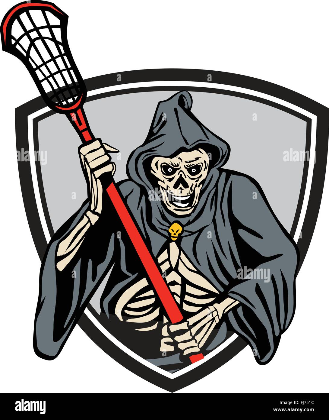 Illustrazione del Grim Reaper lacrosse player tenendo un crosse o lacrosse stick pole visto dal lato anteriore impostato all'interno del crest scudo fatto in stile retrò. Illustrazione Vettoriale