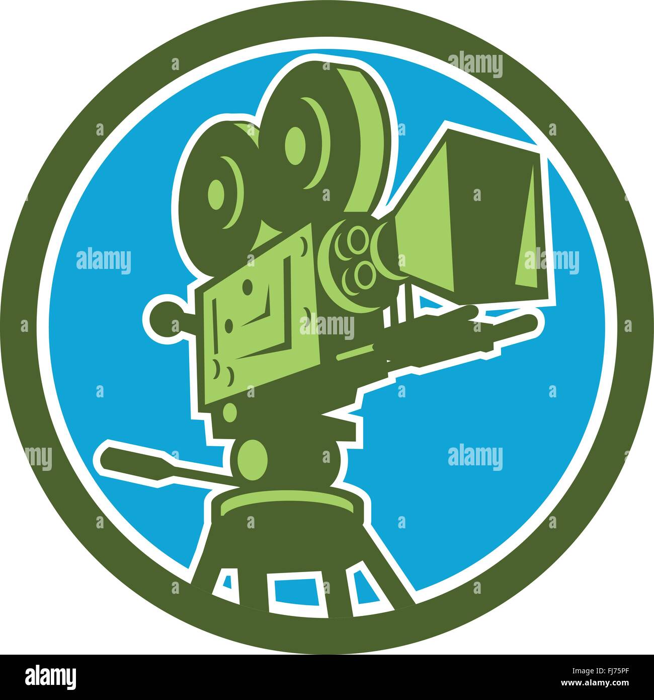 Illustrazione di un vintage film motion picture fotocamera vista dal basso angolo impostato all'interno del cerchio su sfondo isolato fatto in stile retrò. Illustrazione Vettoriale