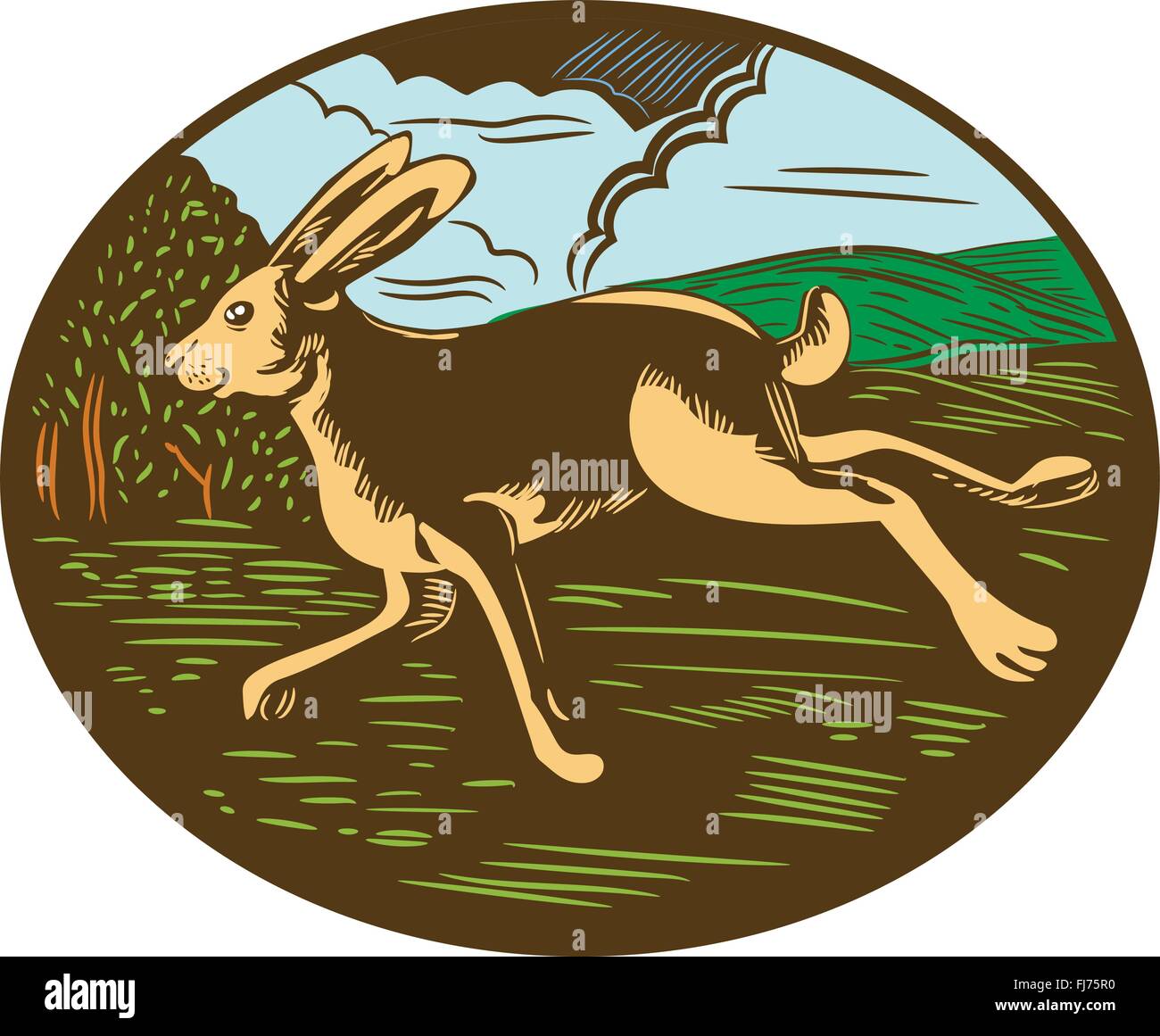 Illustrazione di un selvatico Lepre bunny coniglio in esecuzione osservata dal lato con alberi di fattoria e le montagne sullo sfondo impostato all'interno di forma ovale fatto rétro xilografia stile. Illustrazione Vettoriale