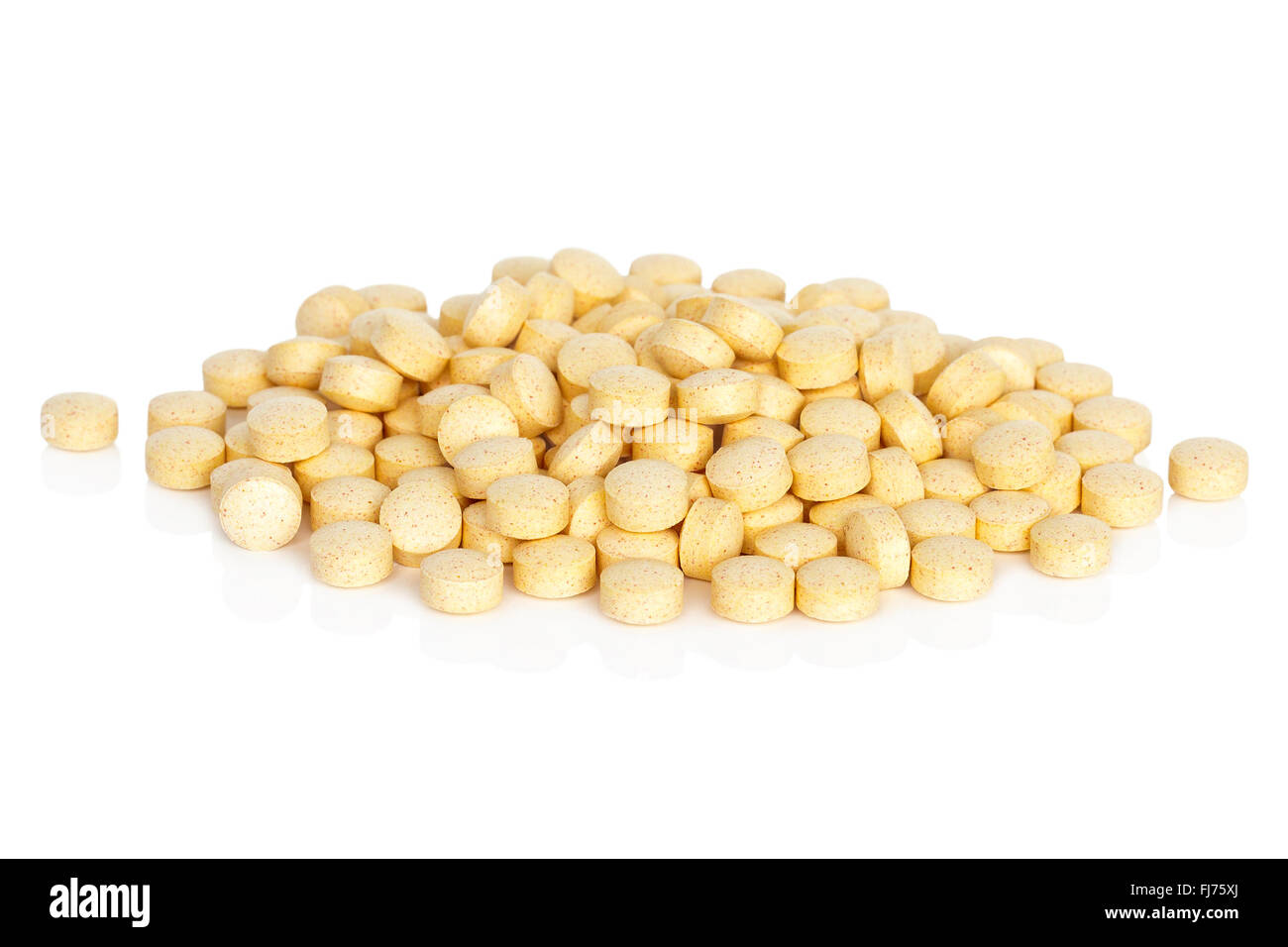 Un mucchio di acido folico Vitamina supplemento compresse isolato su uno sfondo bianco. Foto Stock