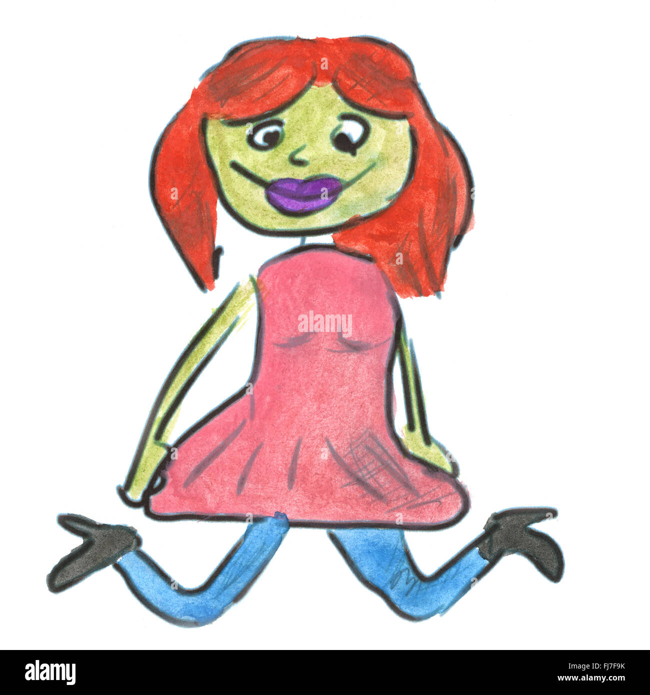 Ragazza in un abito rosa con i capelli rossi cartoon acquerello isolato Foto Stock