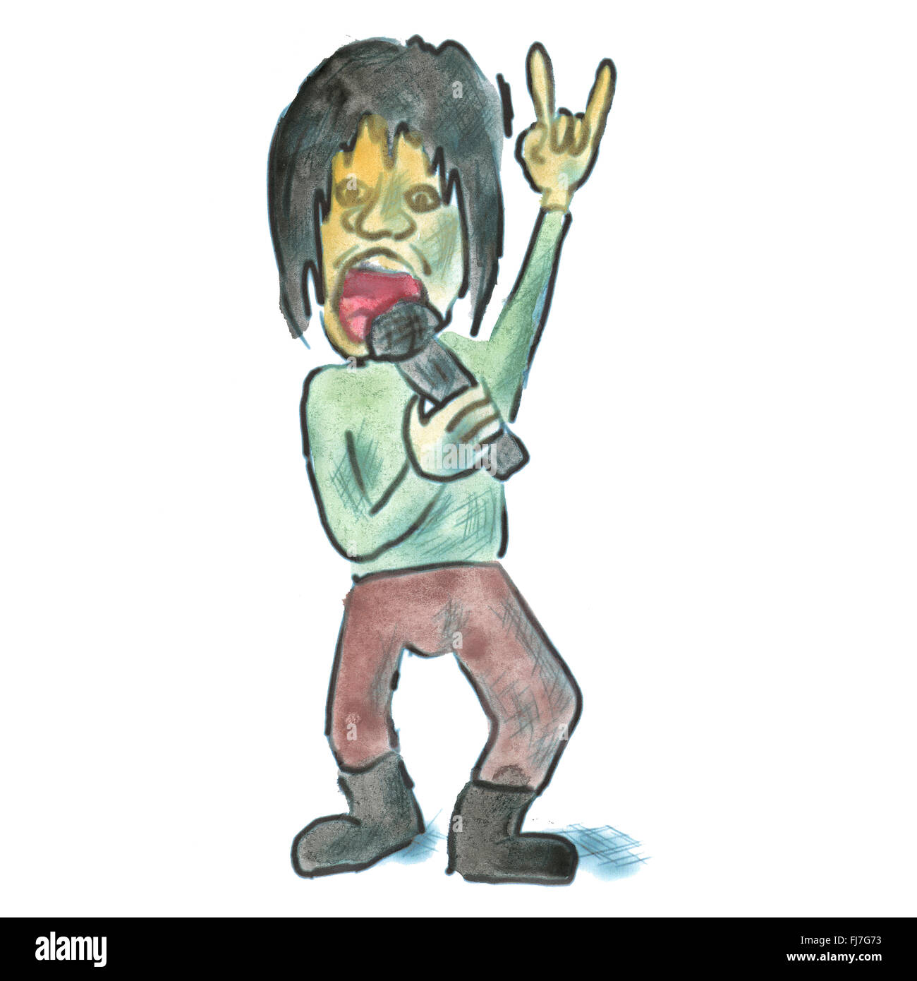 Il cantante in una camicia verde cartoon acquerello fatti a mano isolato Foto Stock