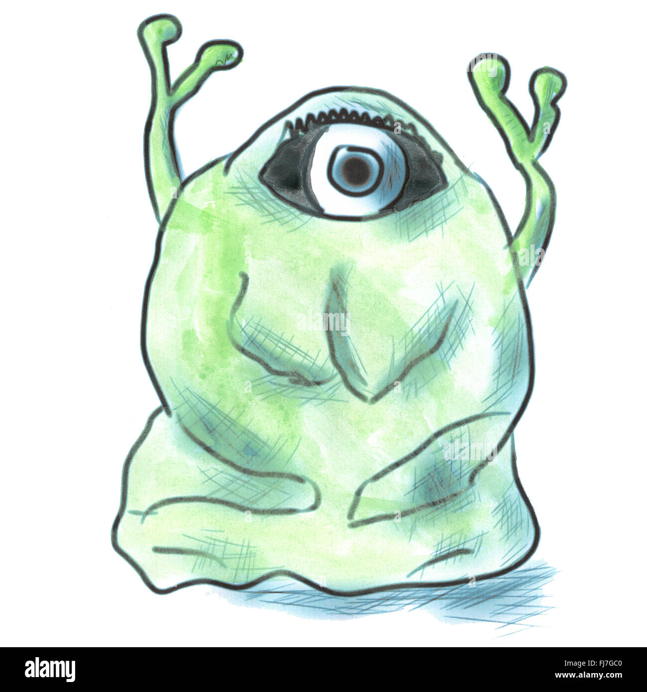 Mostro verde con un occhio nero isolato cartoon acquerello fatti a mano Foto Stock