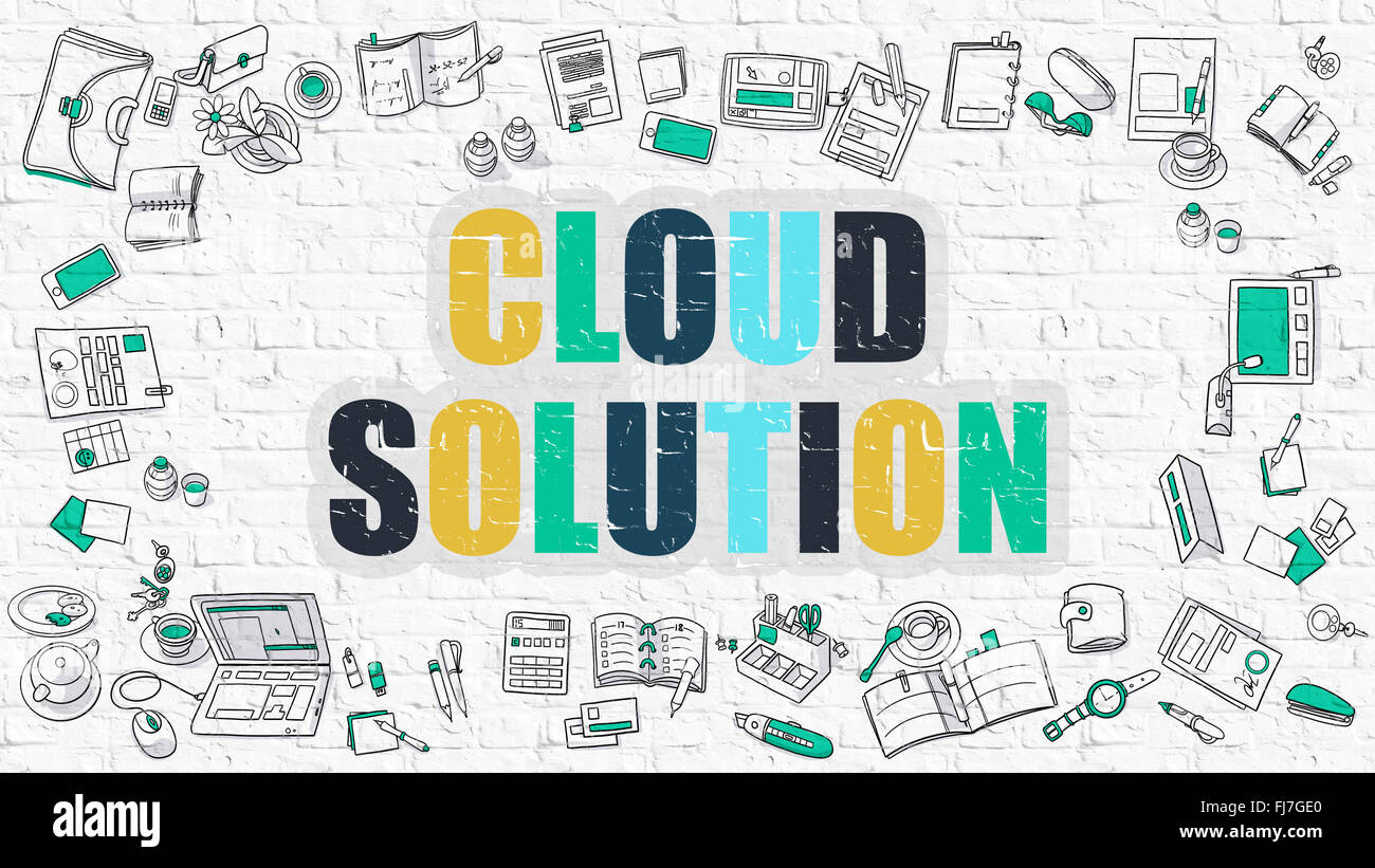 Soluzione cloud concetto. Multicolor su bianco Brickwall. Foto Stock