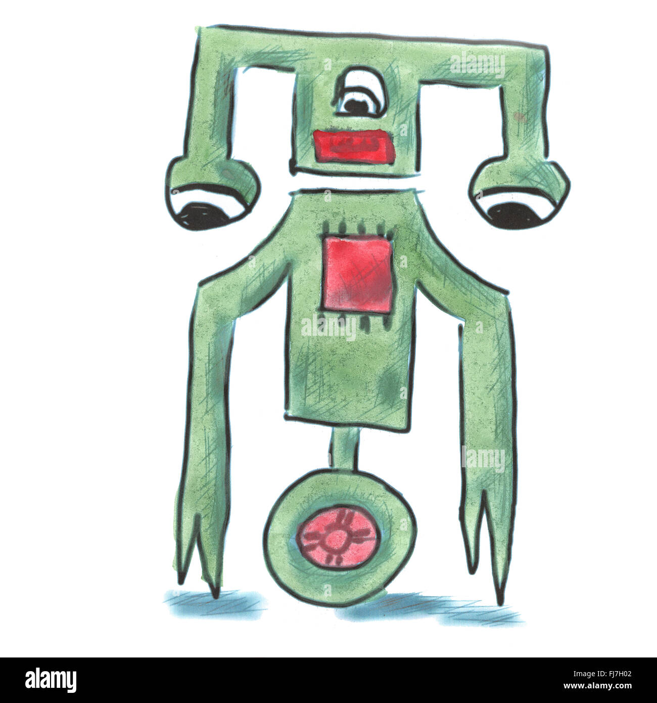 Mostro verde con tre occhi cartoon acquerello fatti a mano isolato Foto Stock
