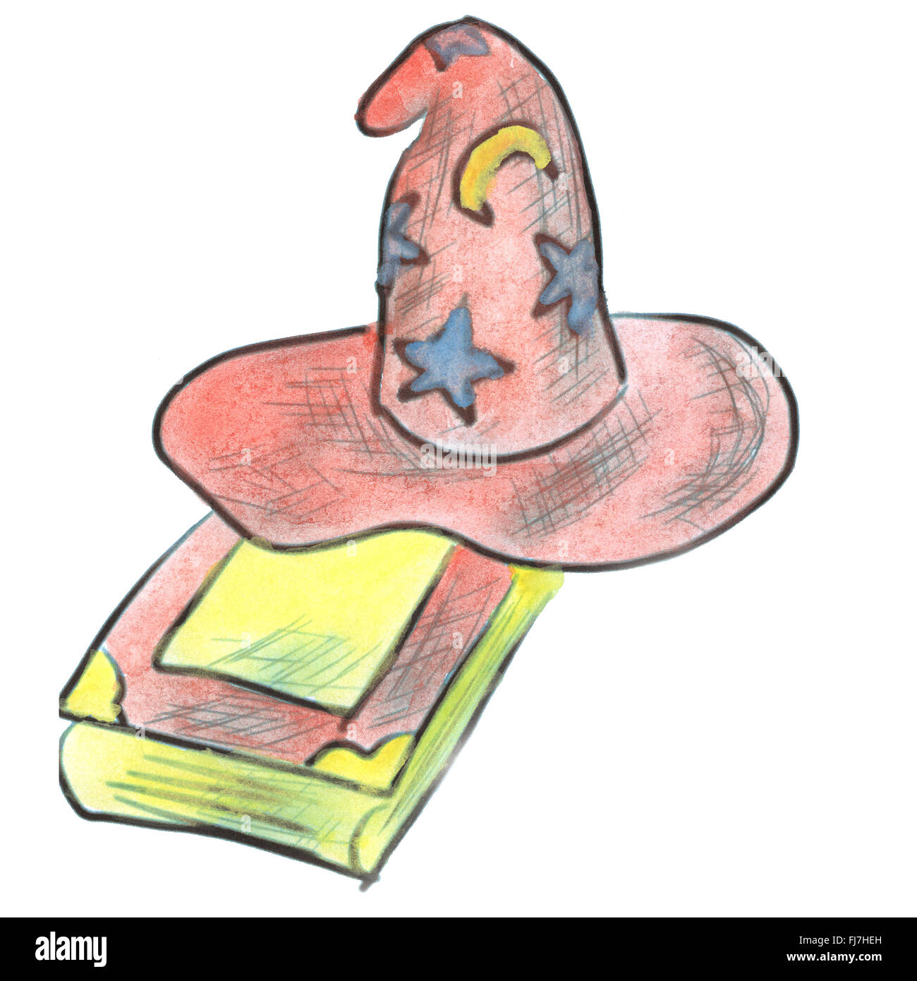 Libro Giallo cartoon acquerello cappello rosa isolato Foto Stock
