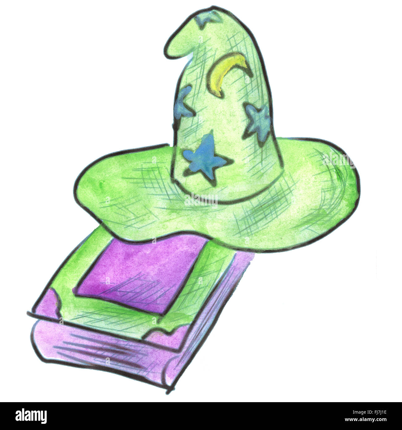 Libro viola cappello verde cartoon acquerello isolato Foto Stock