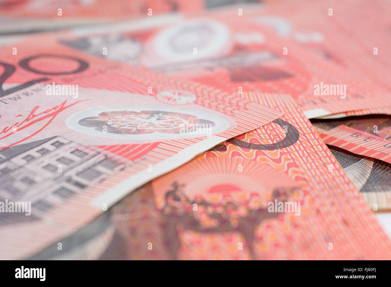 Pila di Australiano Dollaro venti banconote da vicino Foto Stock