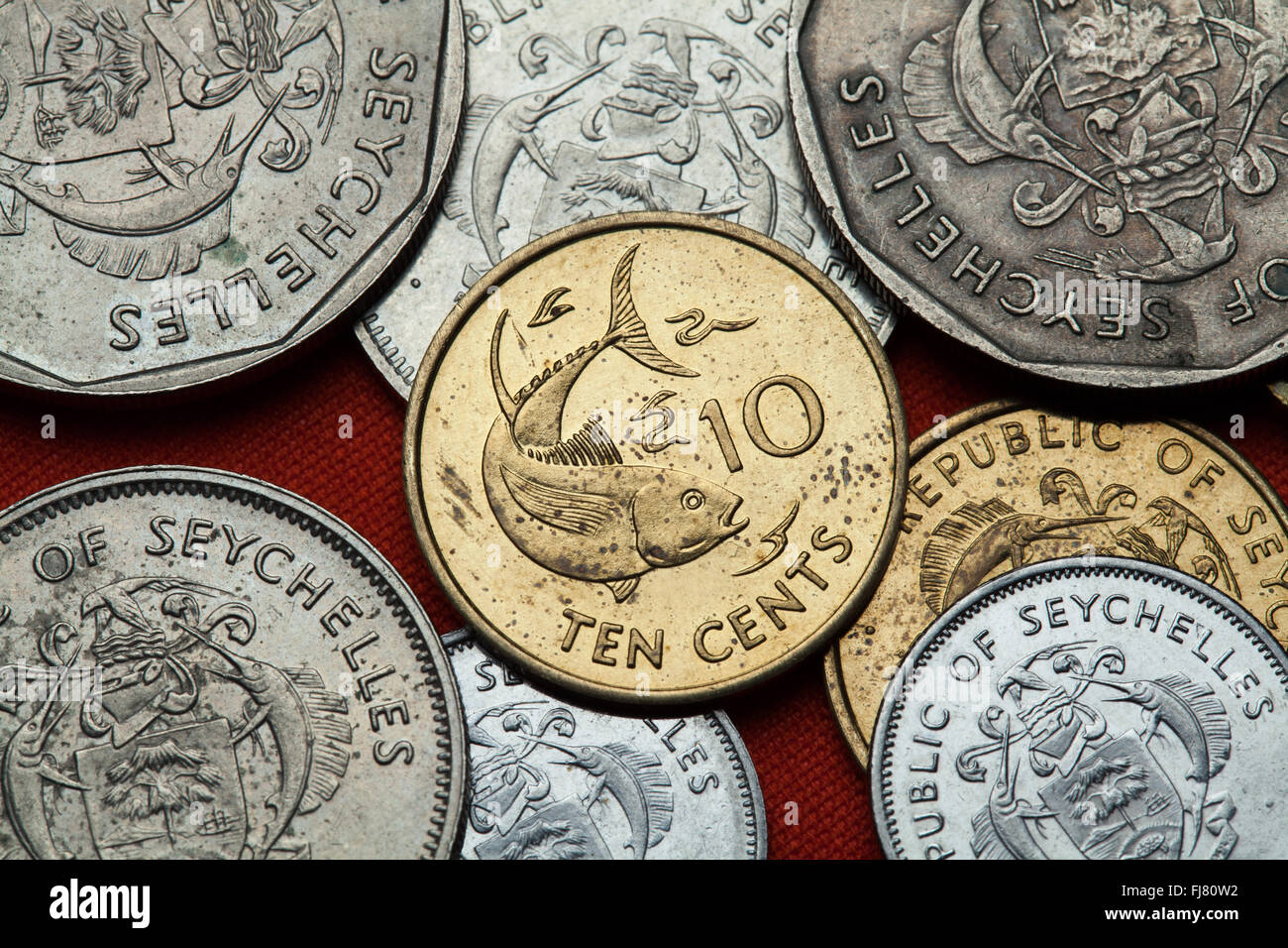 Monete delle Seychelles. Tonno illustrata nel Seychellois 10 centesimi moneta. Foto Stock