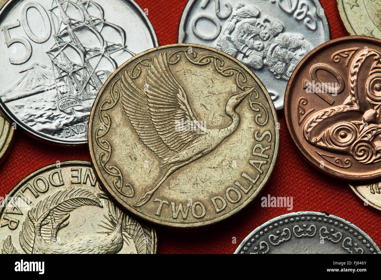 Monete della Nuova Zelanda. Grande orientale garzetta (Ardea alba modesta) rappresentata in Nuova Zelanda due dollari moneta. Foto Stock