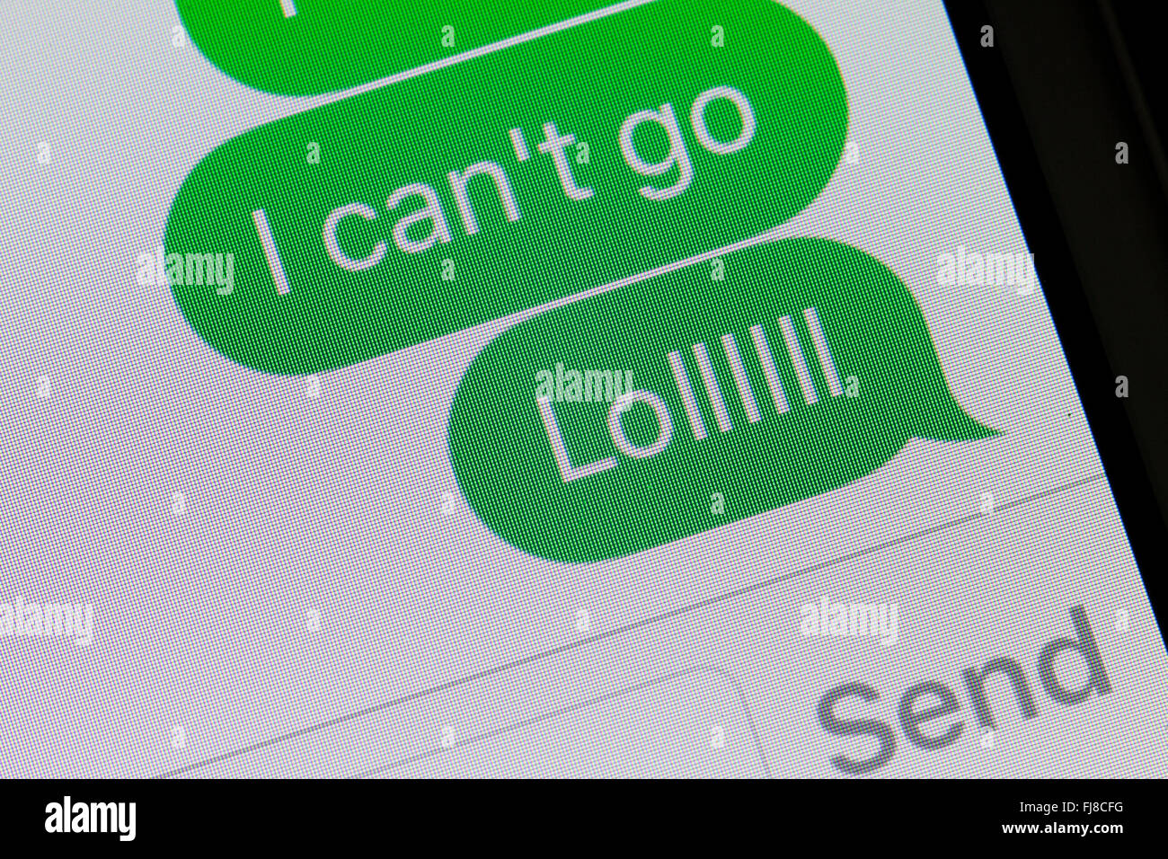 Un messaggio di testo visualizzati sullo schermo di iPhone (LOL messaggio di testo, comune texting slang) - USA Foto Stock
