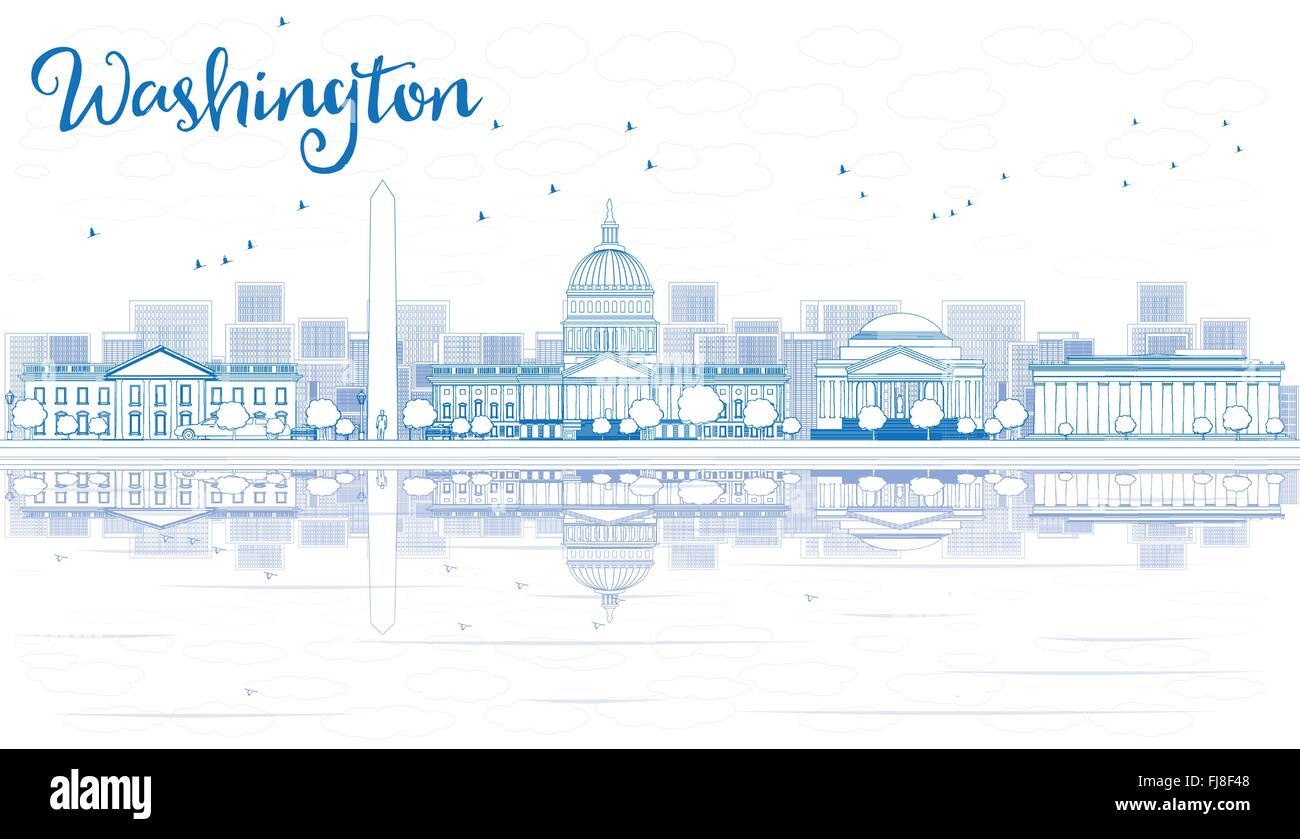 Profilo di Washington DC skyline della città con edifici blu e riflessi. Illustrazione Vettoriale. Viaggi di affari e turismo concept Illustrazione Vettoriale