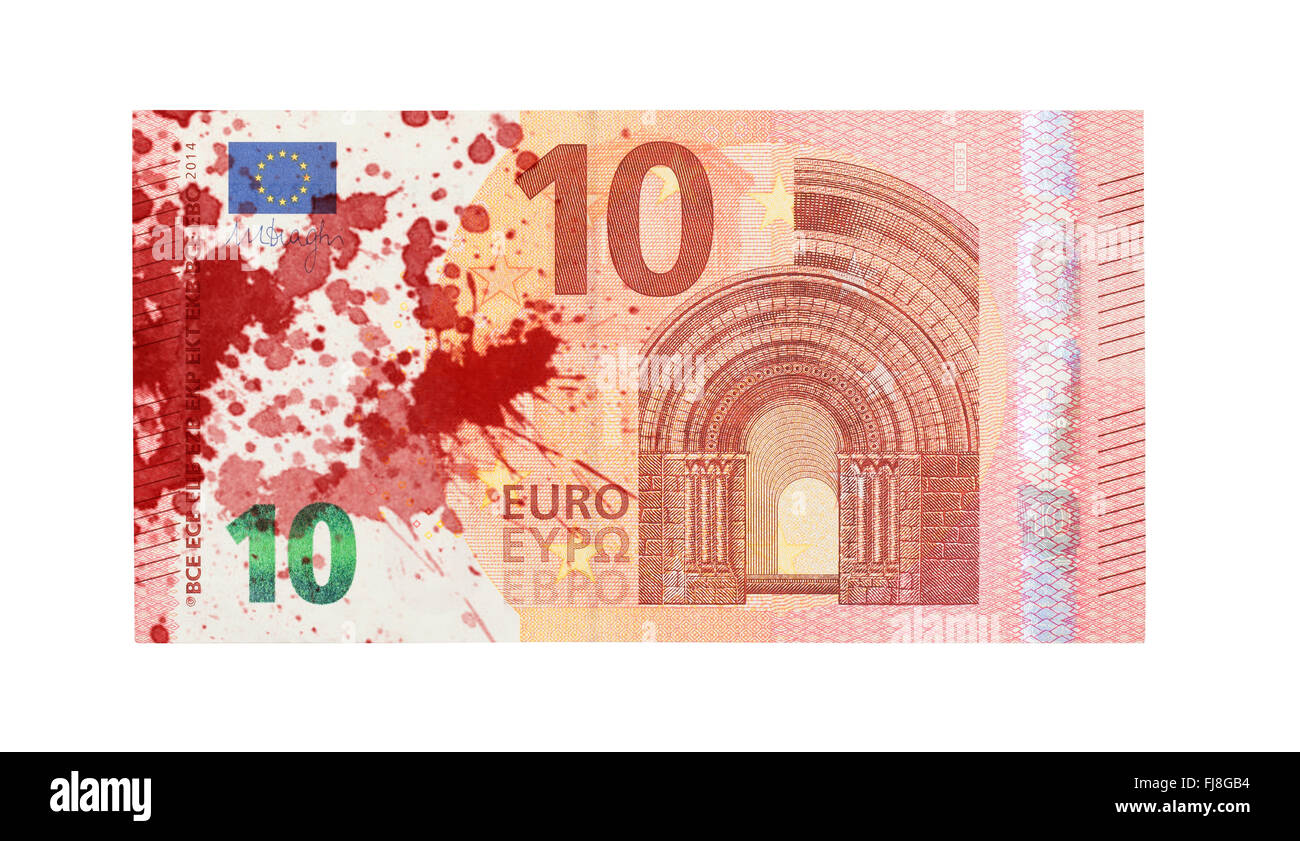 Dieci nuove banconote in euro, isolato su bianco, close-up Foto Stock