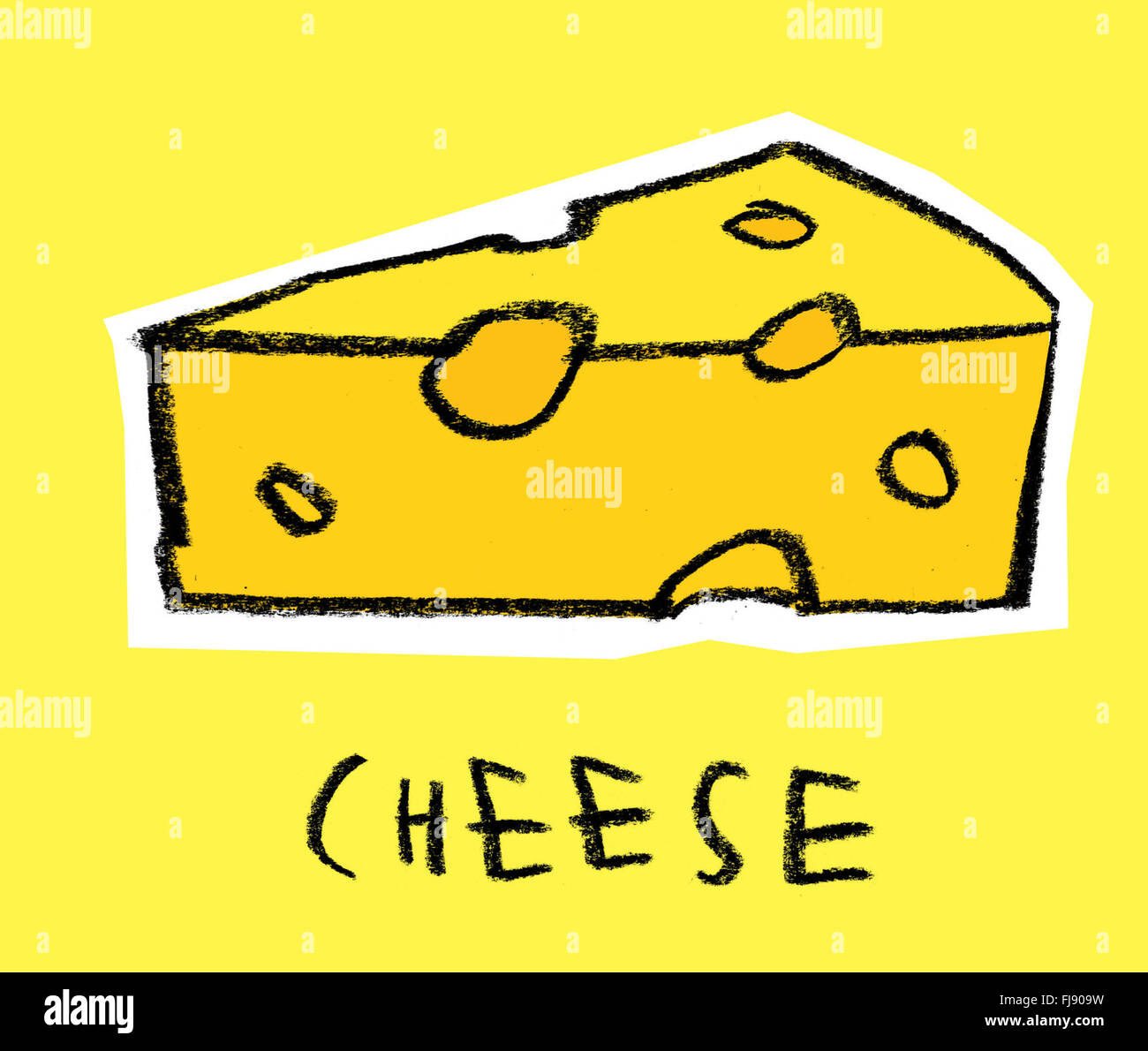 Fetta di formaggio con fori, su sfondo giallo Foto Stock