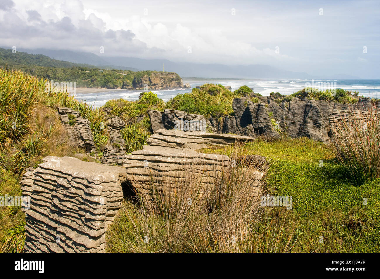 Bella erosione di migliaia di anni di acqua battendo sulle rocce di Punakaiki in Nuova Zelanda Foto Stock