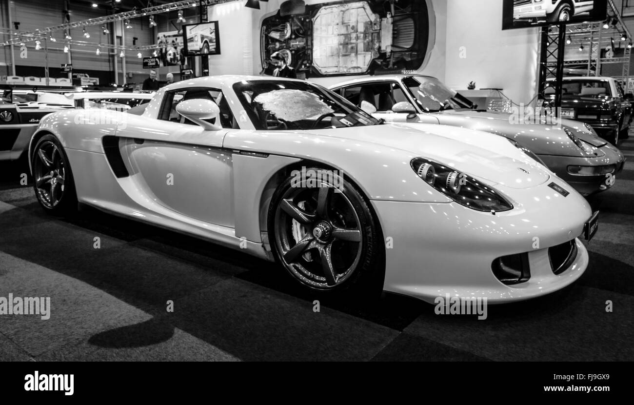 Supercar Porsche Carrera GT, 2005. In bianco e nero. Foto Stock