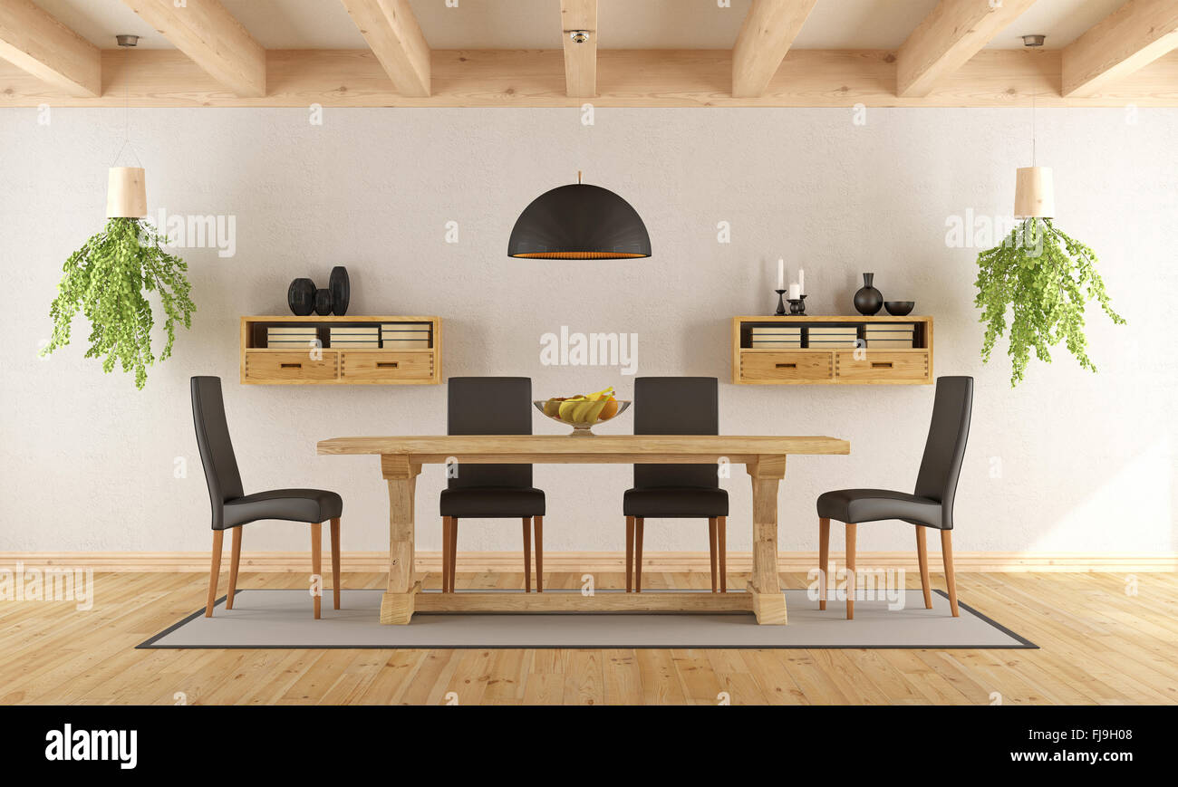 Bianco di sala da pranzo con tavolo rustico e sedia moderna - il rendering 3D Foto Stock