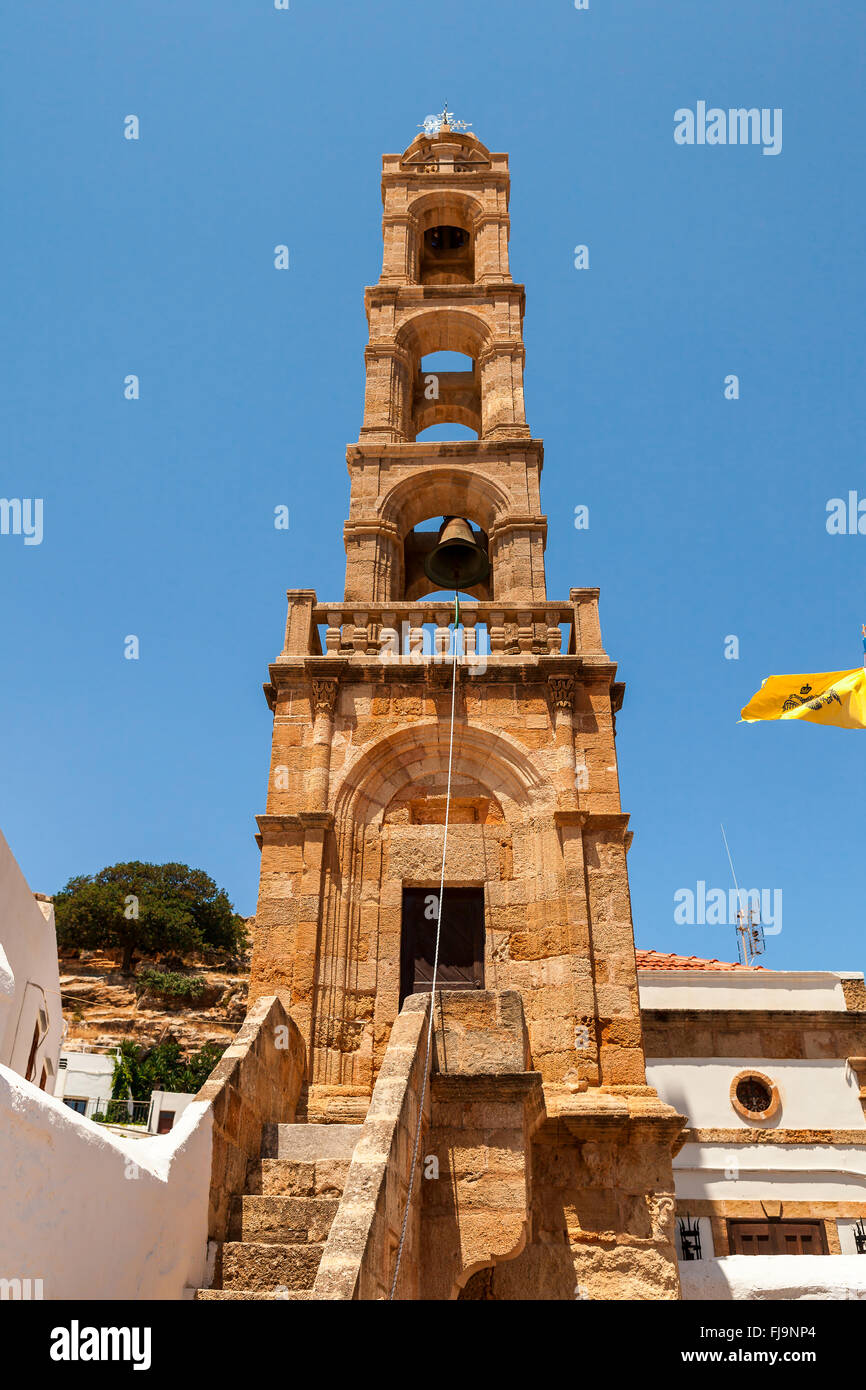 Il campanile della chiesa di Panagia a Lindos sull' isola di Rodi. Foto Stock