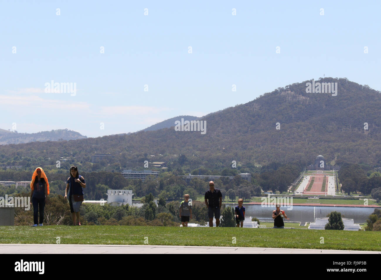 La vista dal tetto del Parlamento australiano a Casa Capital Hill a Canberra. Foto Stock