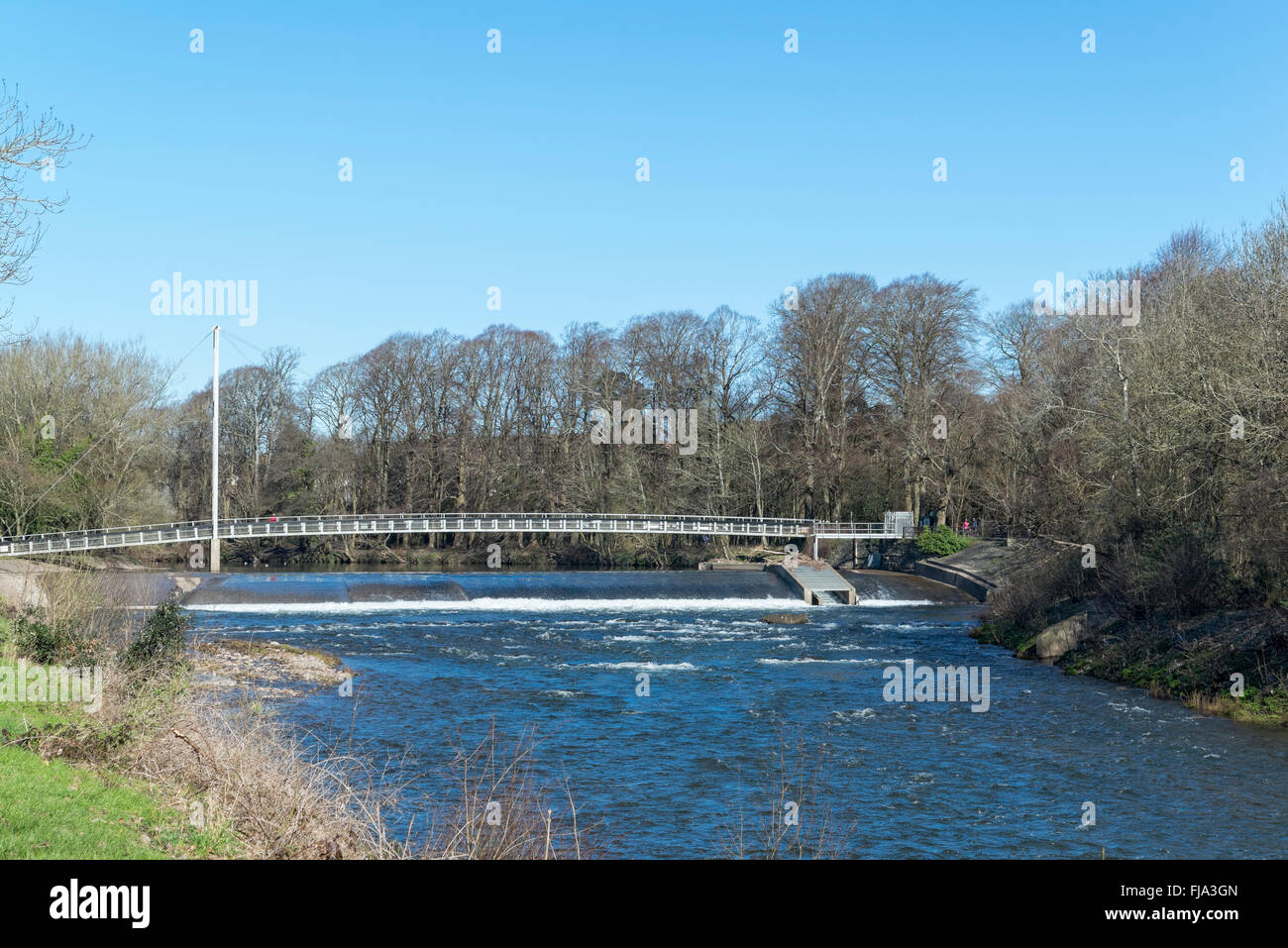 Weir bridge e gara di salmone, fiume Taff, Cardiff. Foto Stock