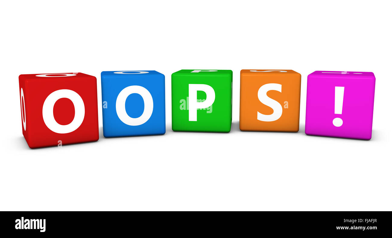 Errore 404, pagina non trovata concetto con oops segno su cubi colorati per blog, siti web e business online. Foto Stock
