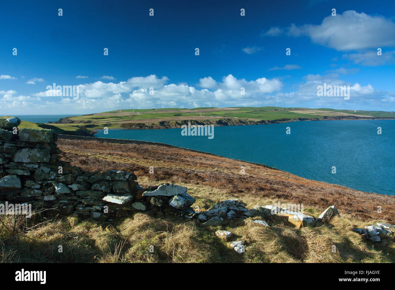 Mull of Galloway dal promontorio di Galloway Lighthouse, Galloway Foto Stock