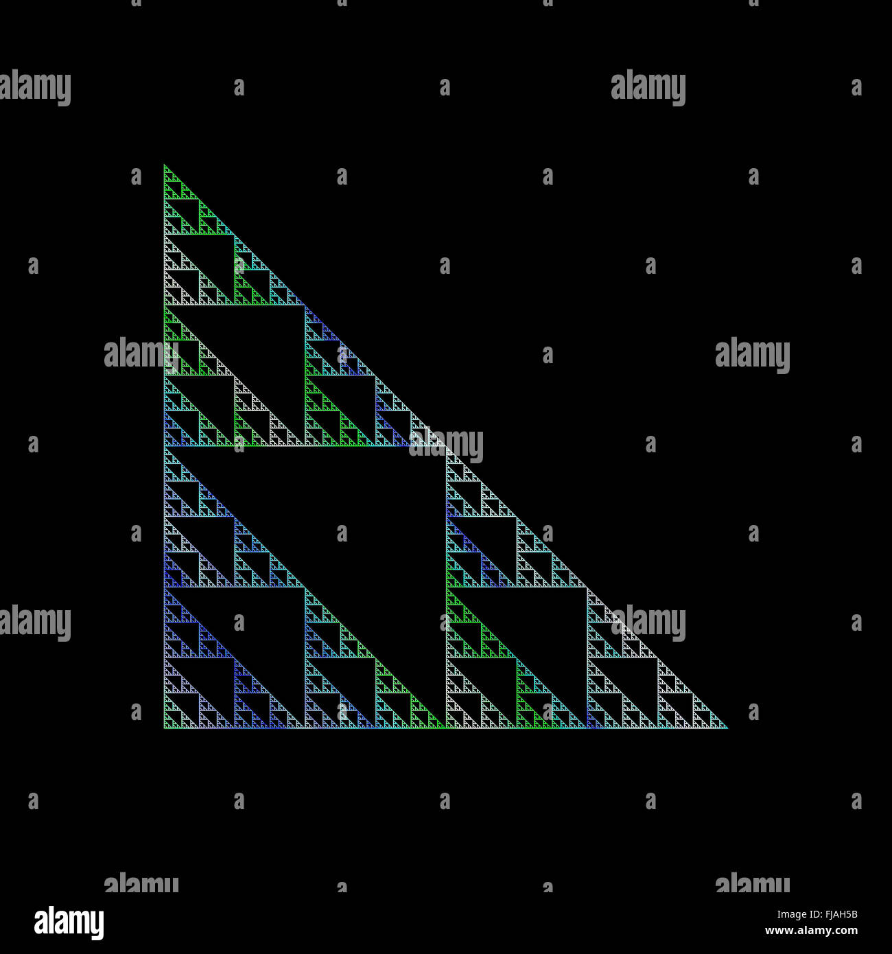 Sierpinski Triangle frattali generati al computer, isolato su nero Foto Stock