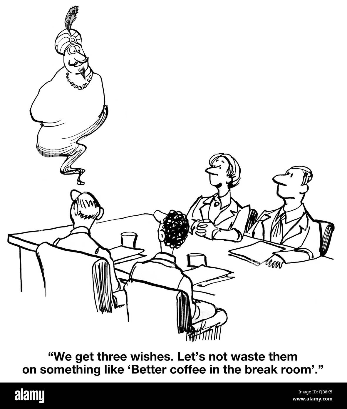 Business cartoon circa un genie concessione del team tre desideri. Foto Stock