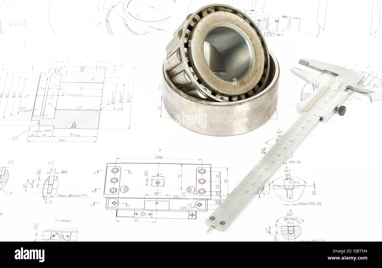 Cuscinetto a rulli su blueprints Foto Stock