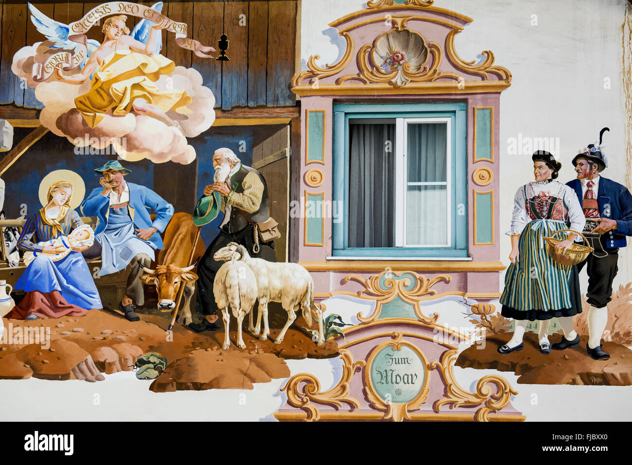 Lüftlmalerei pittura ad affresco che ornano la facciata di una casa, dettaglio, Garmisch-Partenkirchen, Alta Baviera, Baviera, Germania Foto Stock
