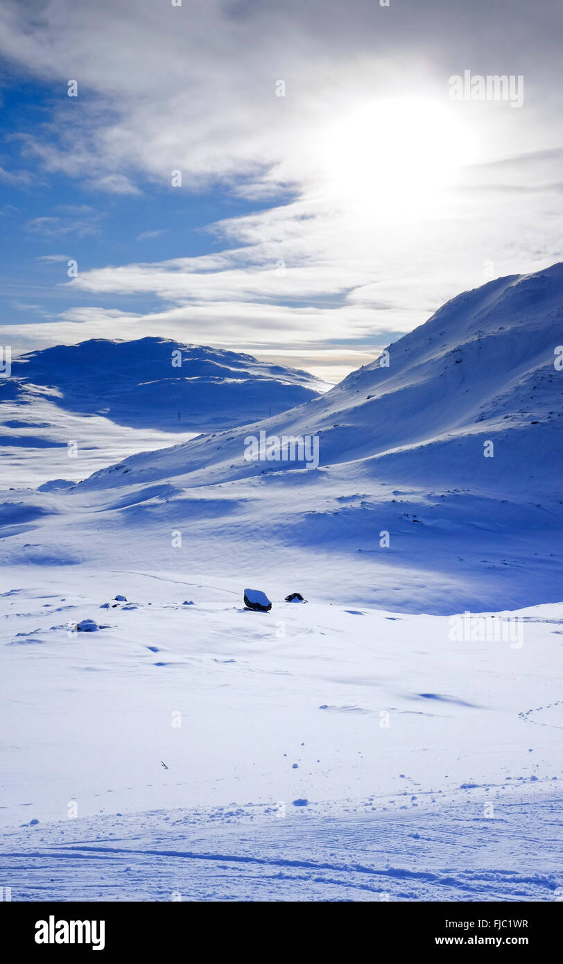 La vista su una coperta di neve Totten in montagna Hemsedal, Norvegia Foto Stock