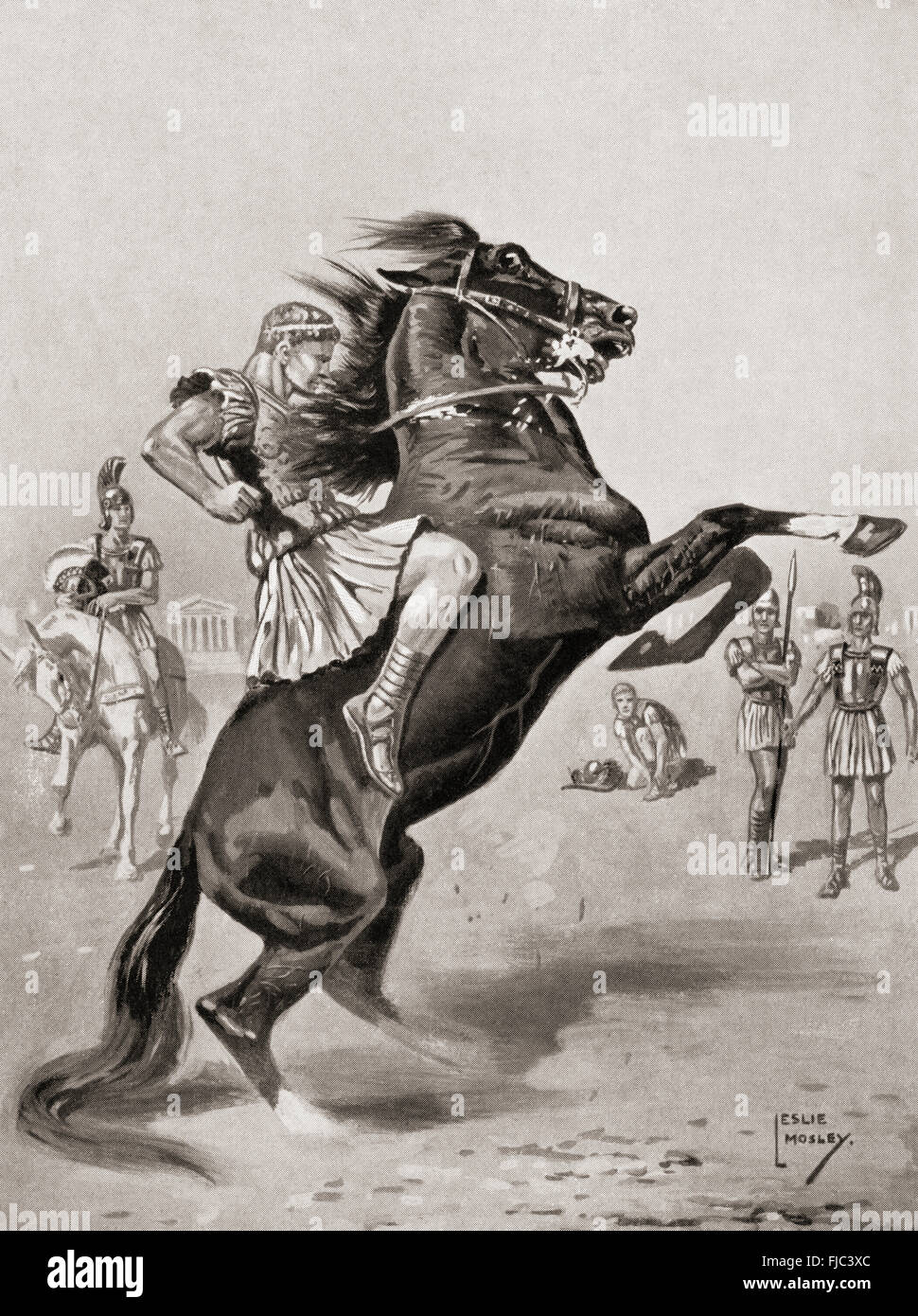 The Taming di Bucephalus da Alessandro il Grande, del IV secolo A.C. Alessandro III di Macedon, 356 BC - 323 BC, comunemente noto come Alessandro il Grande. Foto Stock