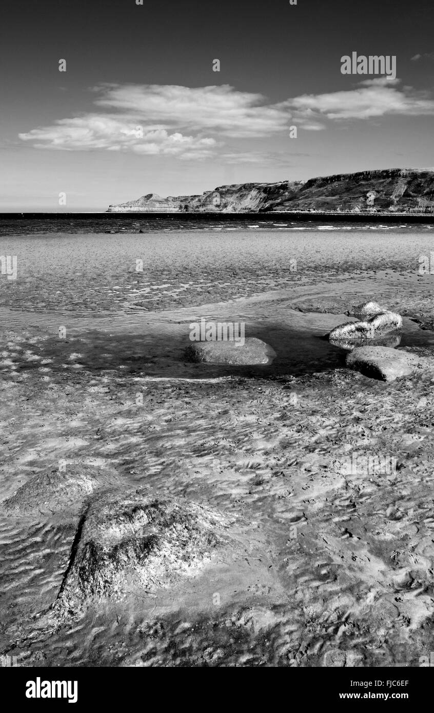 Piscina di roccia e sabbia texture su una tranquilla spiaggia di sabbia, Runswick Bay, North Yorkshire Heritage Coast, estate, Inghilterra UK, monocromatico Foto Stock