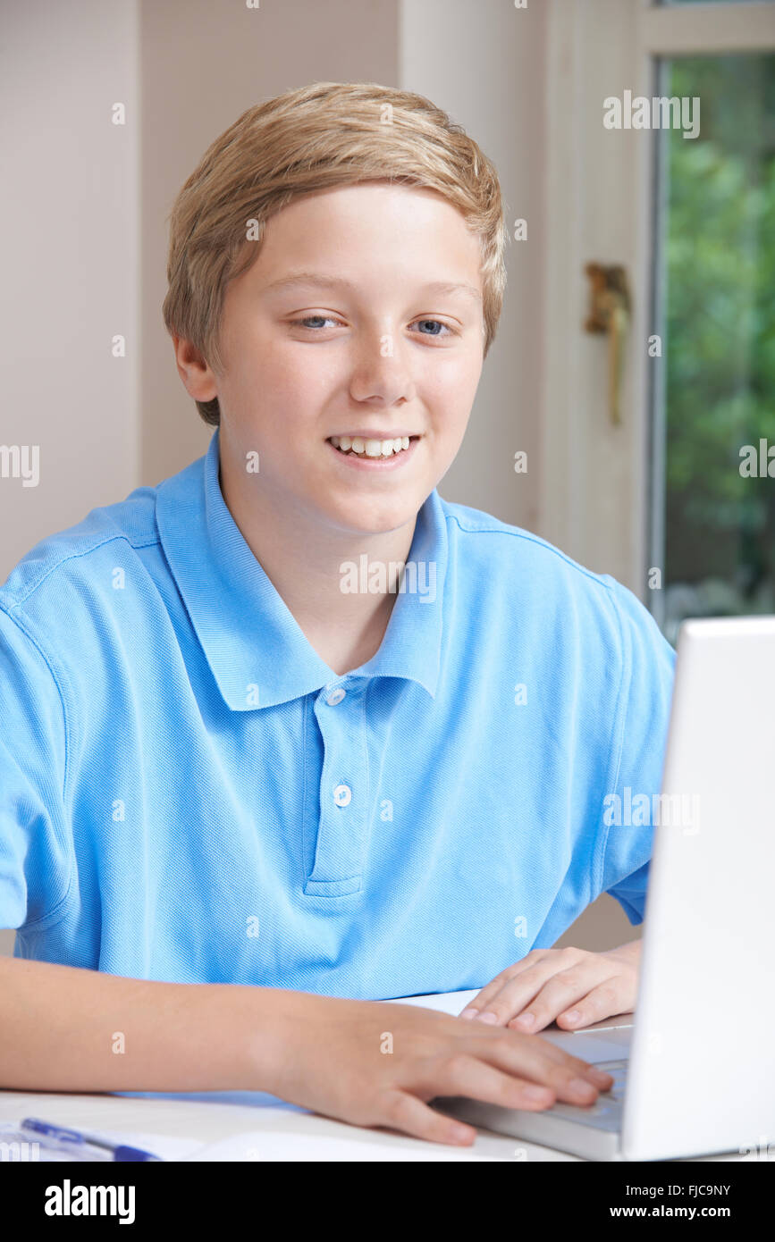 Ritratto di Boy utilizzando portatile a casa Foto Stock