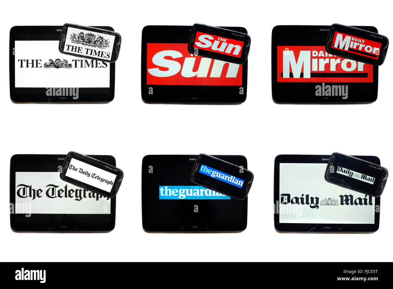 Quotidiano britannico del logo sul tablet e smartphone schermate fotografati contro uno sfondo bianco. Foto Stock