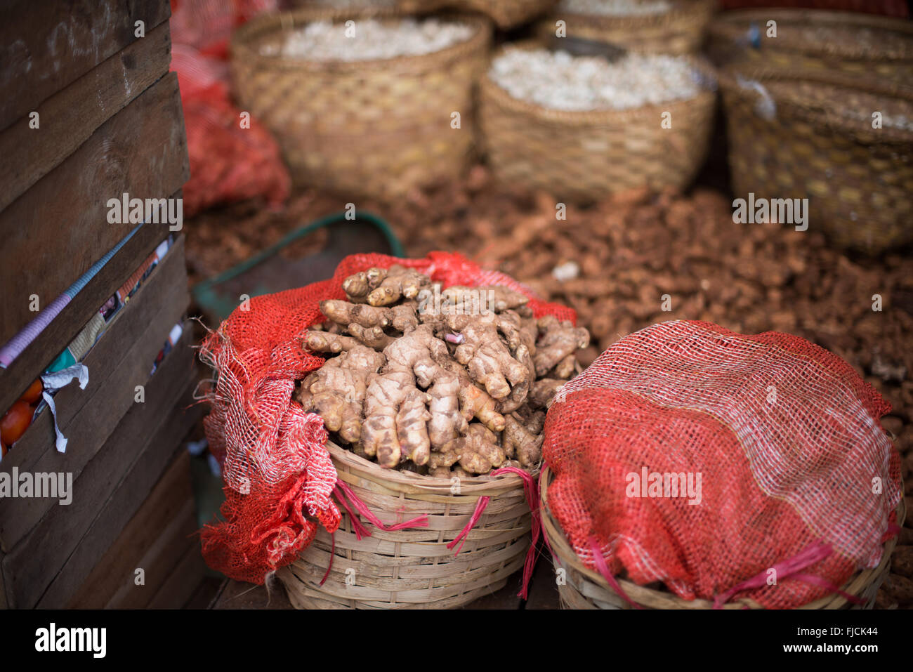 Ginger Root in Baskets Mandalay Myanmar // MANDALAY, Myanmar — cesti tessuti ripieni di radice di zenzero al mercato dei pesci e dei fiori vicino a Pulaing Street a Mandalay. Il mercato funge da centro commerciale centrale per i prodotti freschi e i fiori nella seconda città più grande del Myanmar. Lo zenzero è comunemente coltivato in tutto il Myanmar ed è ampiamente usato nella cucina e nella medicina tradizionale birmana. Mandalay, situato nel Myanmar centrale lungo il fiume Ayeyarwady (noto anche come Irrawaddy), è il centro culturale e religioso del paese. La città funge da importante centro commerciale per la zona agricola circostante Foto Stock