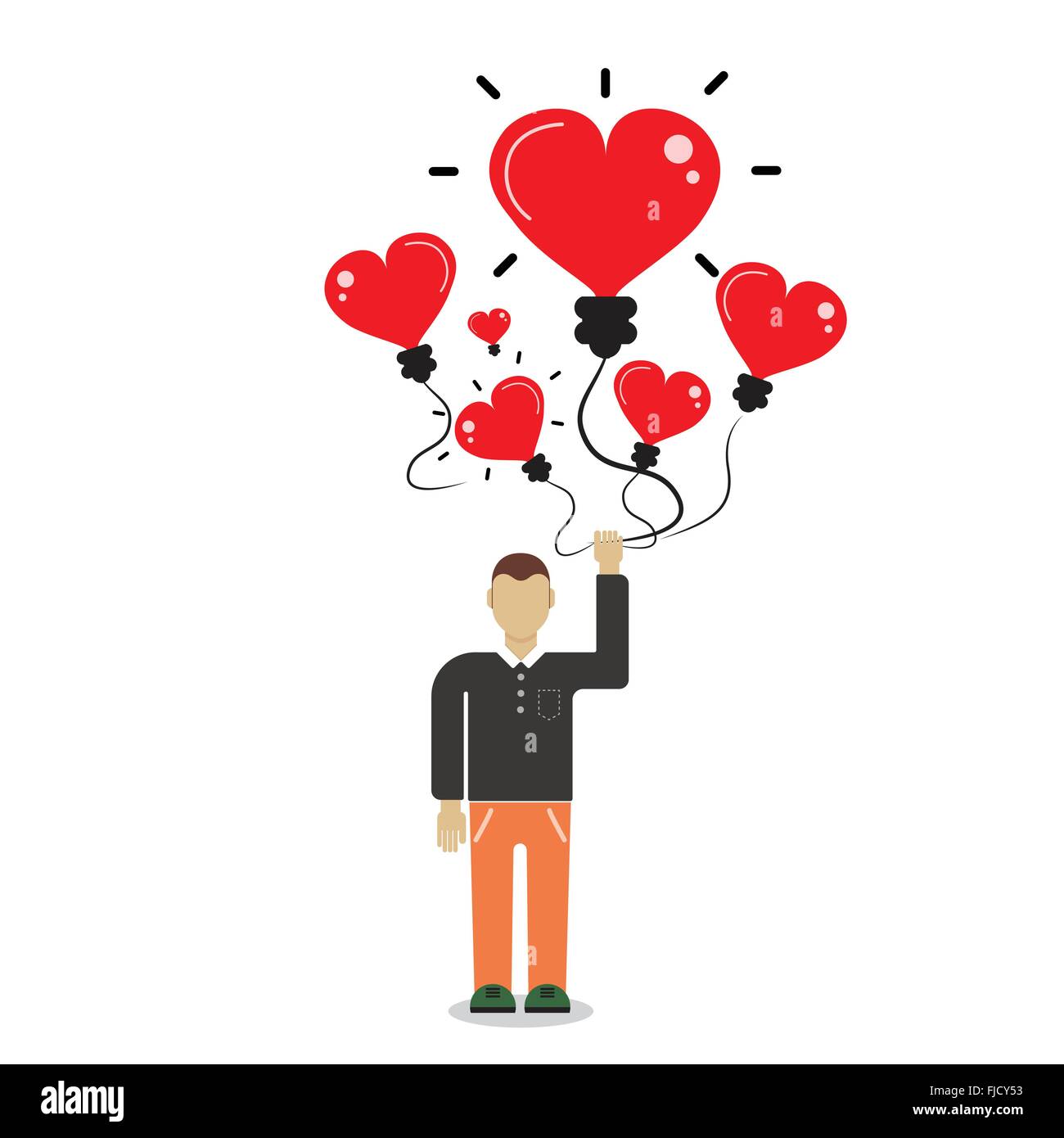Uomo con un palloncino a forma di cuore.concetto di libertà. Matrimonio e San Valentino sign.Vettore design piatto illustrazione. Illustrazione Vettoriale