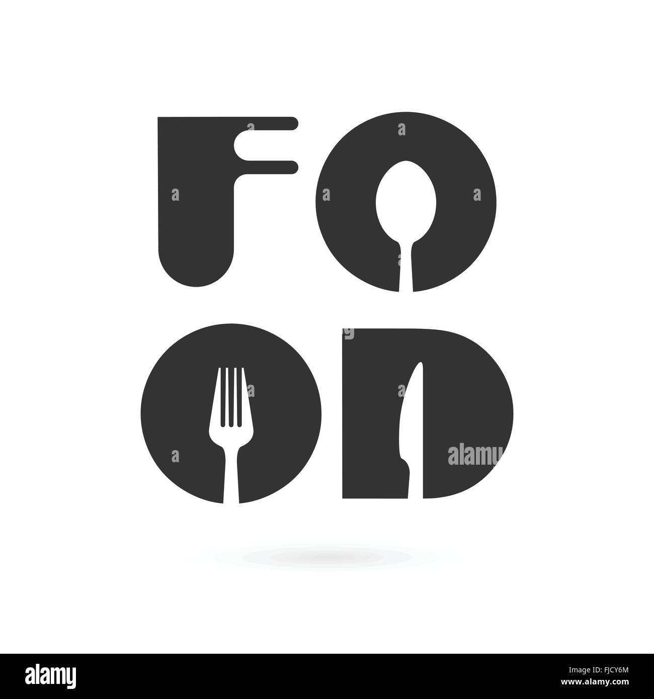 Cucina creativa parola elementi del logo design con cucchiaio, coltello e forchetta.fast food logo,cibo e bevande concetto.illustrazione vettoriale Illustrazione Vettoriale